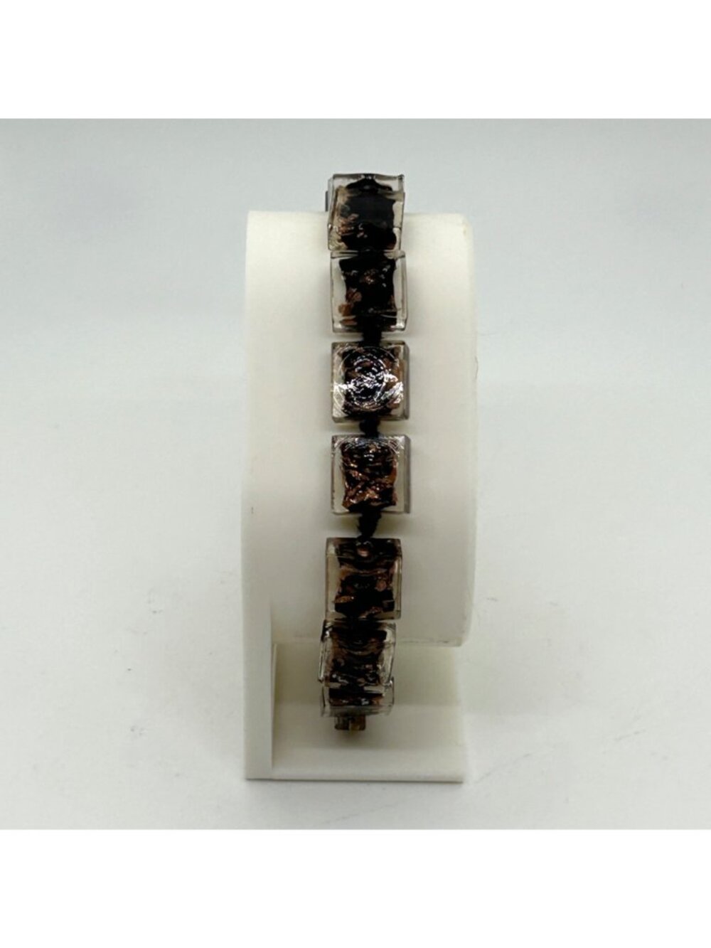 Vintage 1980s Retro Chunky Square Lucite Confetti Bead Bracelet Lobster Clasp - Picture 2 of 10